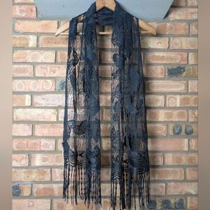 NWT Boutique Black Lace Butterfly Fringe Scarf Shawl Wrap